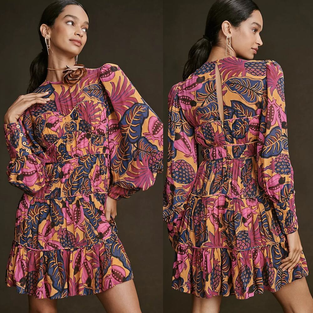 Farm Rio Anthropologie Fruit Dream Tropical Leaf Print Long Sleeve Mini Dress S